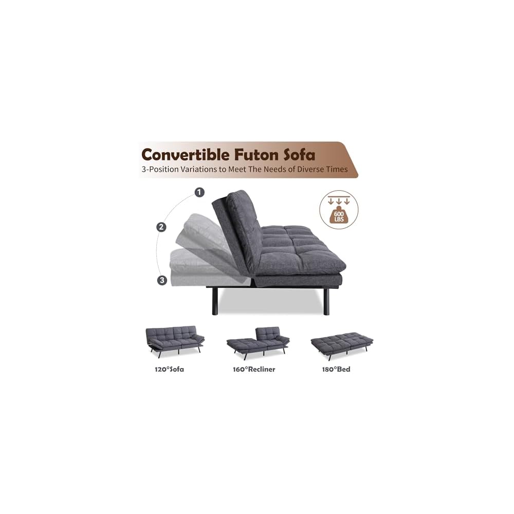 Futon Sofa Bed, Grey Linen Memory Foam Futon Sleeper Sofa Loveseat Convertible Couch Bed for Small Compact Living Spaces,Apartment