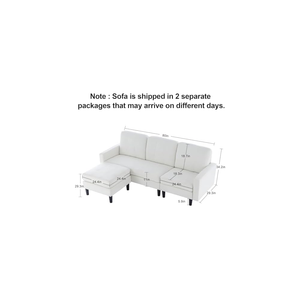 VECELO Convertible Sectional Sofa, Modern Linen Fabric L-Shaped Couch with Reversible Chaise for Living Room/Apartment/Office, White