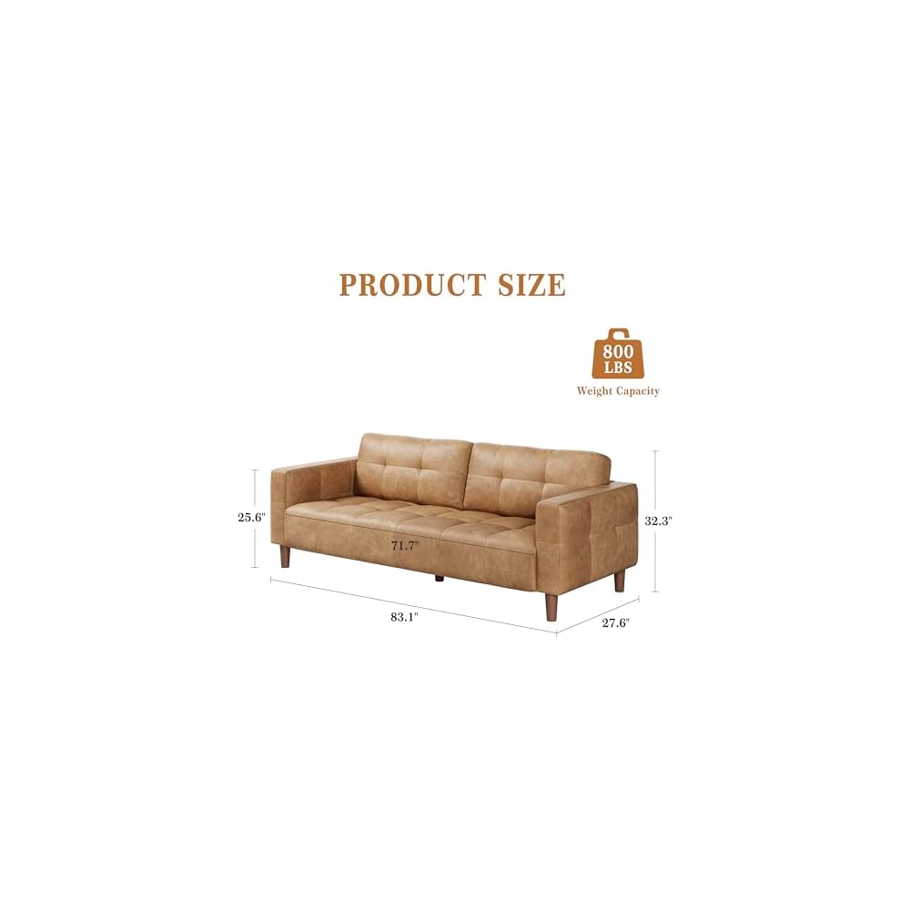 IDEALHOUSE Mid-Century Modern 3-Seater Faux Leather Sofa Couch – Removable Back Cushions – Wide Armrests – Sturdy and Comfortable, Easy to Clean, Ideal for Living Room, Apartment, Office – PU Orange
