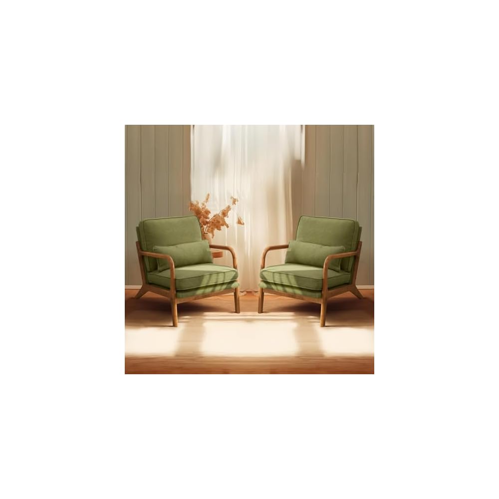 Bonnlo Dark Green Linen Mid Century Modern Accent Chair, Soild Wood Padding Lounge Armchairs Side Sitting Chairs for Living Room, Bedroom, Guest Room