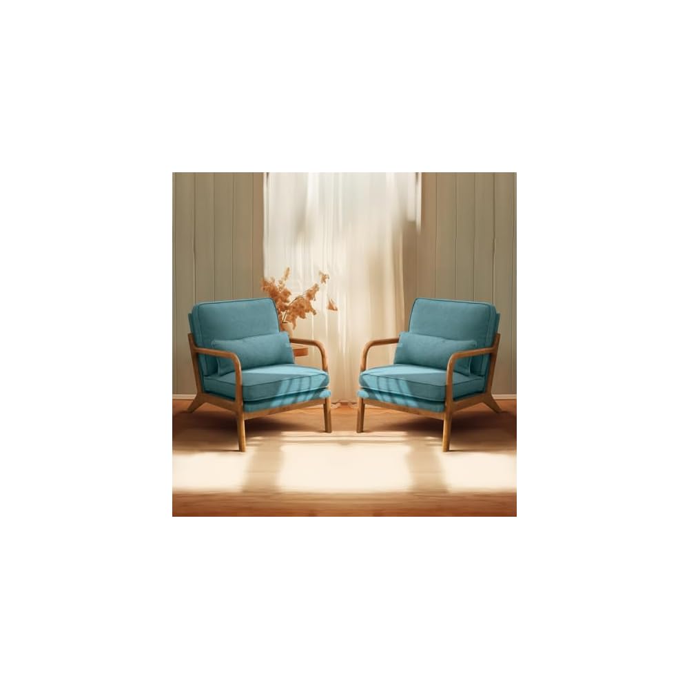 Bonnlo Dark Green Linen Mid Century Modern Accent Chair, Soild Wood Padding Lounge Armchairs Side Sitting Chairs for Living Room, Bedroom, Guest Room