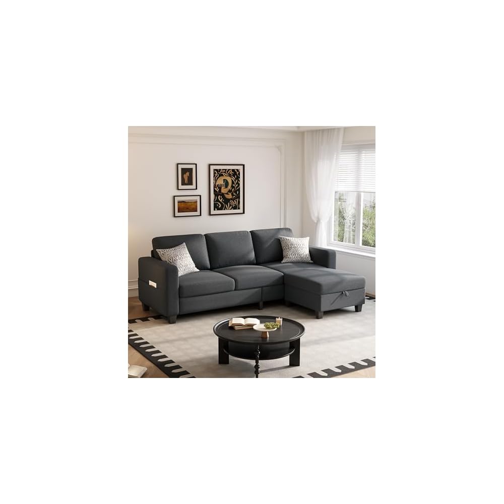 Youmumeub 78" Sectional Sofa Couches for Living Room, 3 Seat L Shaped Convertible Couch with Storage Ottoman, Comfortable Pet-Friendly Linen Sofa Set for Small Space, Apartment, Office, Dark Grey