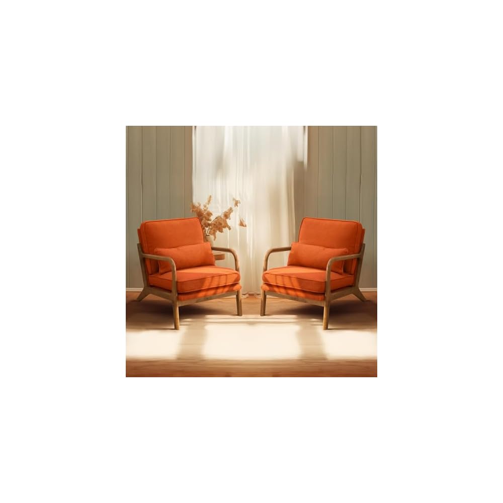 Bonnlo Dark Green Linen Mid Century Modern Accent Chair, Soild Wood Padding Lounge Armchairs Side Sitting Chairs for Living Room, Bedroom, Guest Room