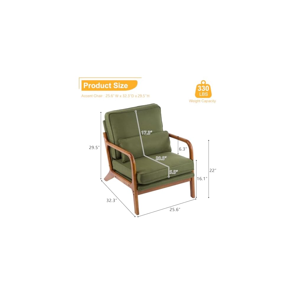 Bonnlo Dark Green Linen Mid Century Modern Accent Chair, Soild Wood Padding Lounge Armchairs Side Sitting Chairs for Living Room, Bedroom, Guest Room