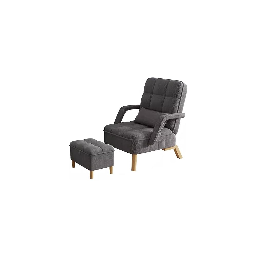 Modern Armchair with Soft Cushion and Ottoman Recliner Chair for Bedroom or Living Room Lounge Seat with Pillow Wood Legs Dark Grey