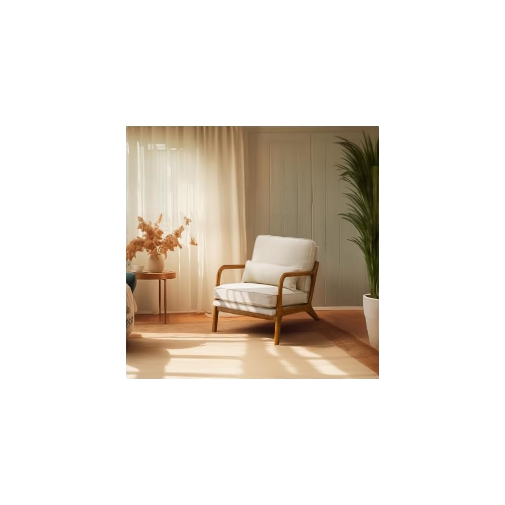 Bonnlo Dark Green Linen Mid Century Modern Accent Chair, Soild Wood Padding Lounge Armchairs Side Sitting Chairs for Living Room, Bedroom, Guest Room