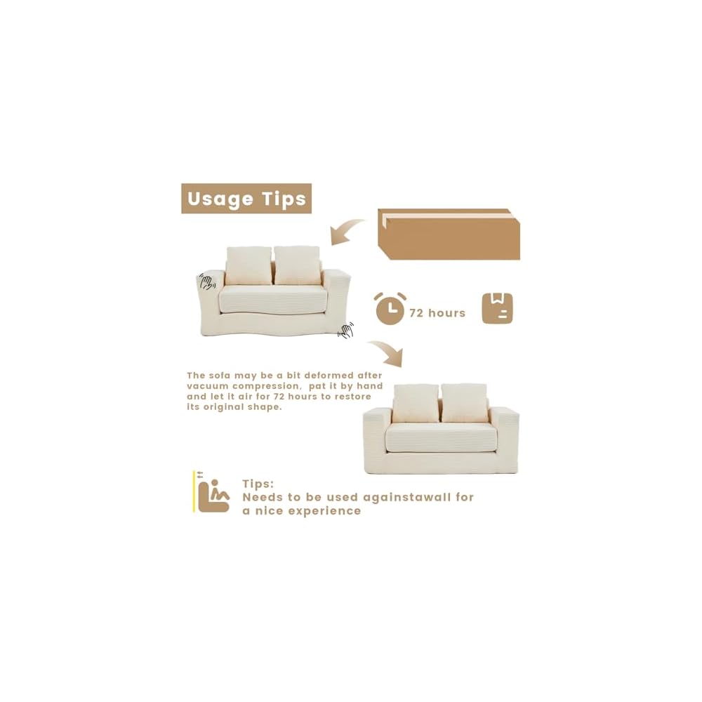 Boneless Couch Loveseat,3-in-1 Convertible Sleeper Sofa Bed Folding Floor Futon Bed with 2 Pillows, Mini Boneless Couch for Small Space Living Room Bedroom (Beige)