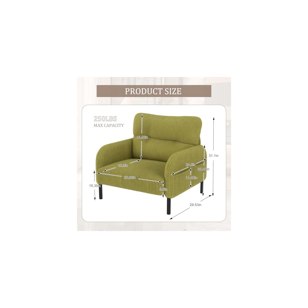 KEIKI 26" Corduroy Single Sofa Chair with Double Side Pockets & High Resilience Cushion, Modern Ergonomic Design Upholstery Oversized 1-Seater Accent Chair, Easy Assembly, for Living Room, Olive Green