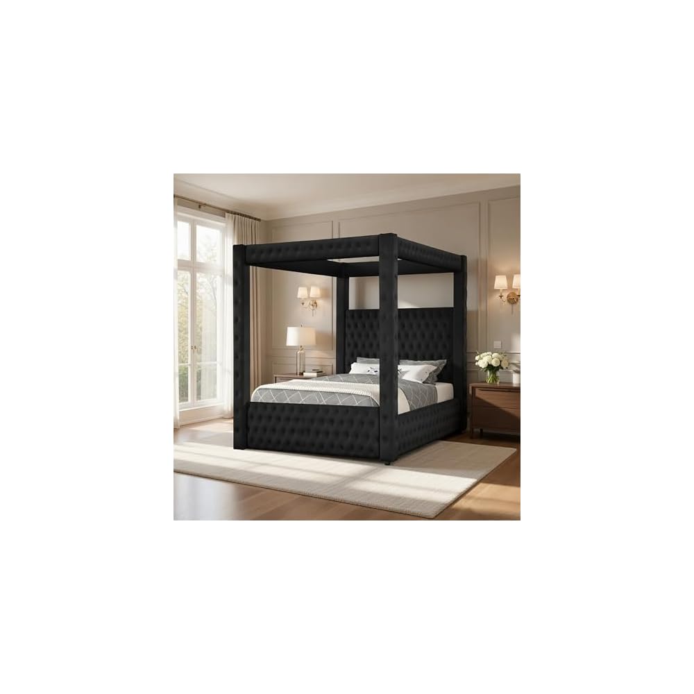 Benzara Beli King Size Canopy Bed, Tufted Design, Black Velvet Upholstery