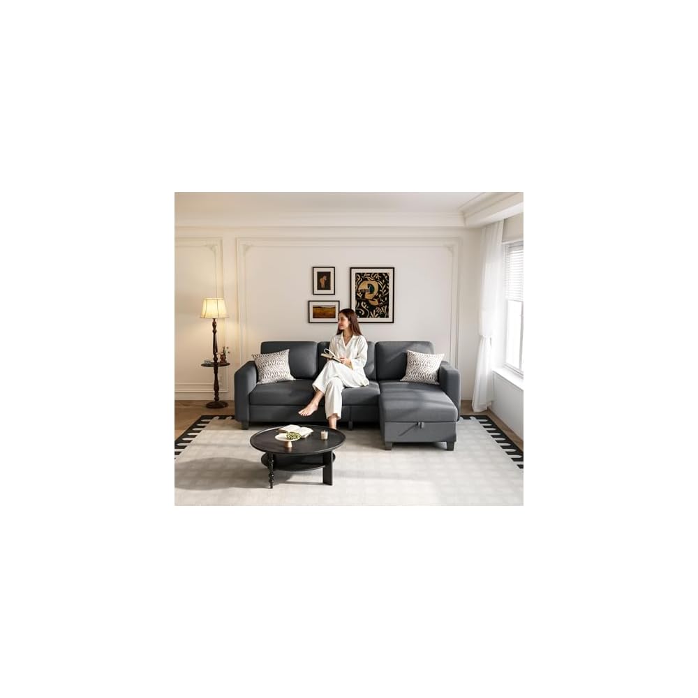 Youmumeub 78" Sectional Sofa Couches for Living Room, 3 Seat L Shaped Convertible Couch with Storage Ottoman, Comfortable Pet-Friendly Linen Sofa Set for Small Space, Apartment, Office, Dark Grey