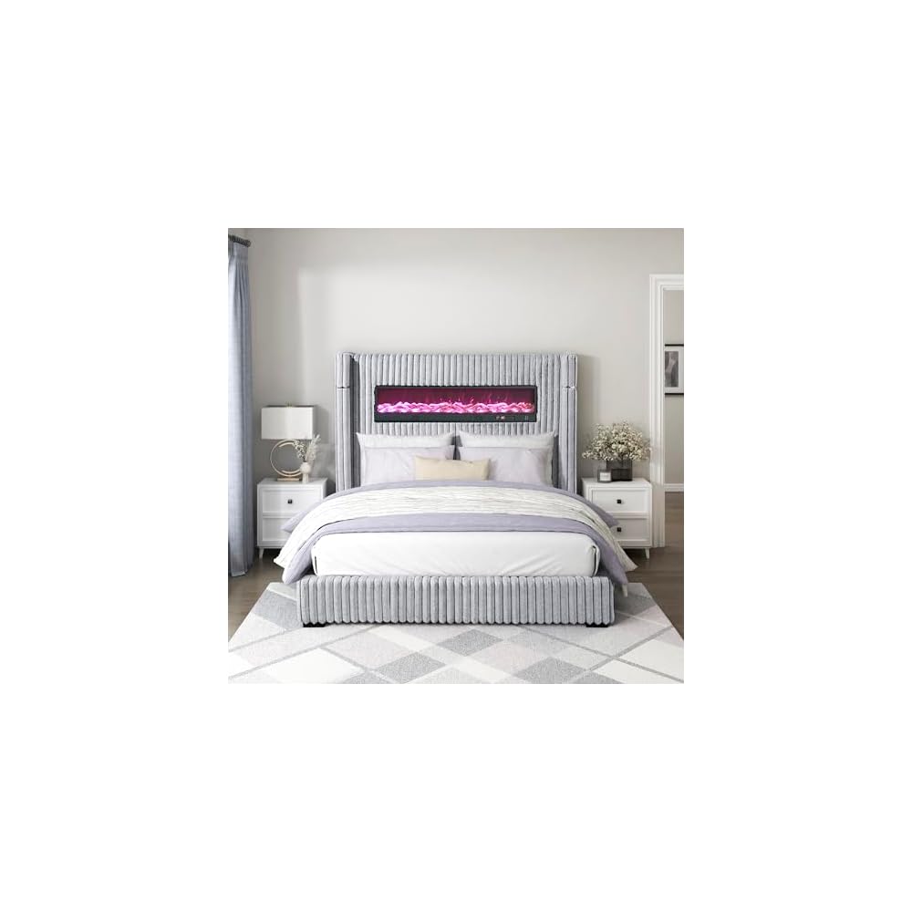 Lexicon Corduroy Upholstered Bed Frame, Remote Fireplace, Built-in Speaker, Wingback Queen Bed Frame with Headboard, Wooden Slats, Box Spring Needed, Assembly Required, Two-Tone Gray