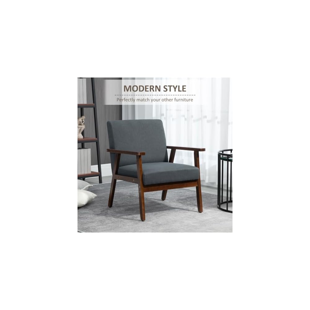 HOMCOM Modern Accent Chairs with Cushioned Seat, Upholstered Linen-Feel Armchair for Bedroom, Living Room Chair with Arms and Wood Legs, Dark Gray