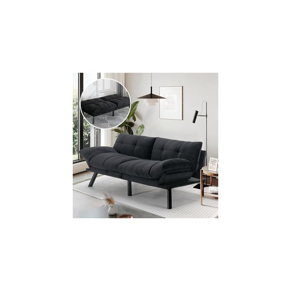 Convertible Futon Double Sofa Bed,2 in 1 with Adjustable Backrest Memory Foam Loveseat for Living Room Bedroom Office Apartment Compact Sofa(Black)