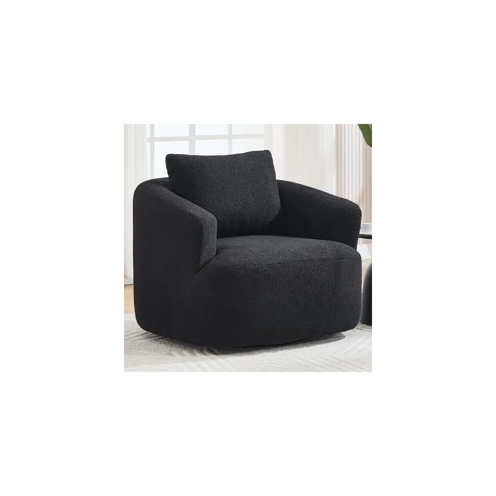 360° Swivel Round Accent Chair with Soft Pillow, Comfy Teddy Fleece Upholstered Barrel Chair, No Assembly Single Sofa for Living Room, Bedroom, Apartment (Antique Dark Grey)