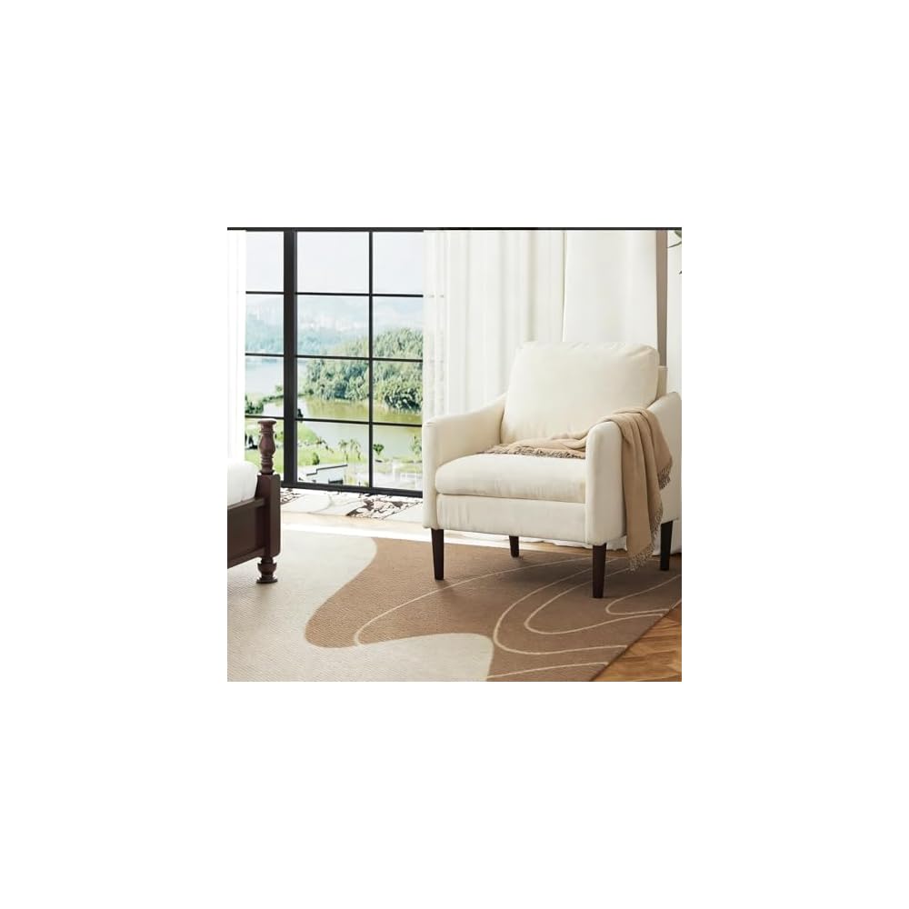 Mid-Century Modern Side Chair, Chenille Fabric Curved Armchair for Adults, Comfy Reading Chair, Modern Cloud Single Sofa Accent Chair for Bedroom, Living Room, Office & Waiting Room, Beige