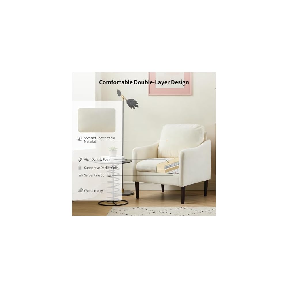 Mid-Century Modern Side Chair, Chenille Fabric Curved Armchair for Adults, Comfy Reading Chair, Modern Cloud Single Sofa Accent Chair for Bedroom, Living Room, Office & Waiting Room, Beige
