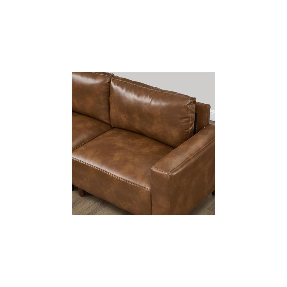 Faux Leather Sectional Couch Set with Solid Wood Legs, Mid-Century Modern Modular 3-seat Sofa & Loveseat, Comfort Upholstered PU Couch Set for Living Room Office, Easy to Assemble, Brown
