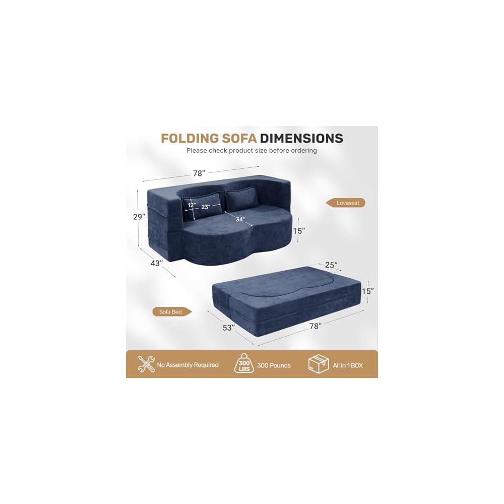 Nebuaegis 78" Convertible Folding Sofa Bed, 2 in 1 Velvet Loveseat Floor Sleeper Sofa, Boneless Memory Foam Mattress Couch for Small Spaces,No Assembly Required,Blue,1 PCS