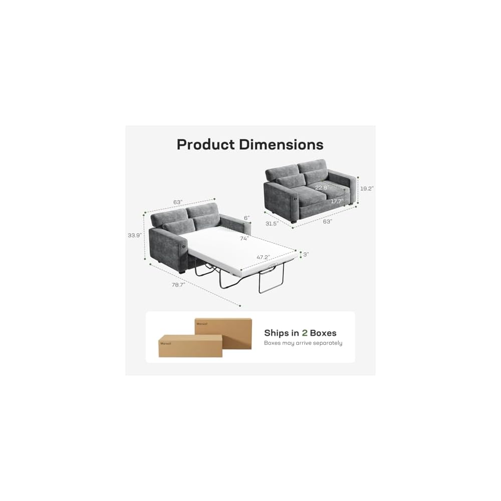 Marsail Pull Out Sofa Bed, Full Size Sleeper Sofa with Memory Foam Mattress, 2 USB Charging and Removable Covers, Loveseat for Living Room, Apartment, Supports 600 LBS, Chenille Fabric, Grey