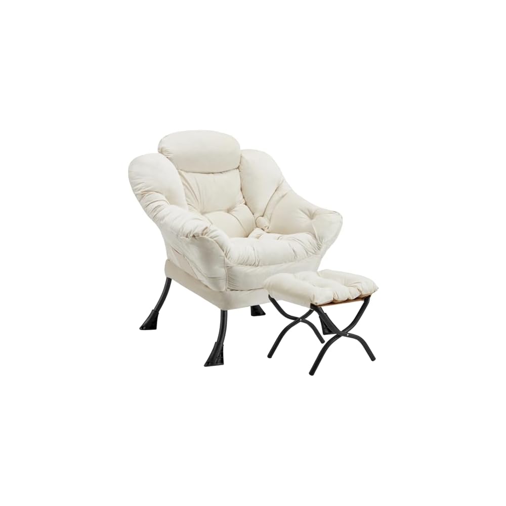 Lazy Chair with Folding Ottoman Modern Large Accent Chair,Contemporary Lounge Leisure Sofa Chair with Armrests Upholstered Sofa Armchair Reading Chair for Bedroom,Dorm & Office (Beige-f)