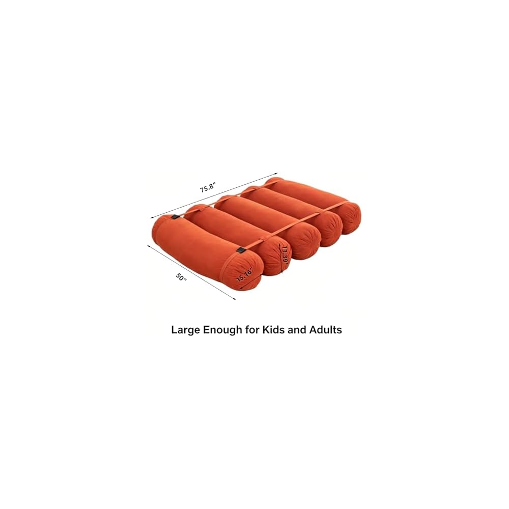 Adjustable Sofa Bed Corduroy Lazy Lounge Chair 5 Cylinder Roll Cushion with Tie Straps Multi-Person Leisure Chair for Living Room, Bedroom, Orange