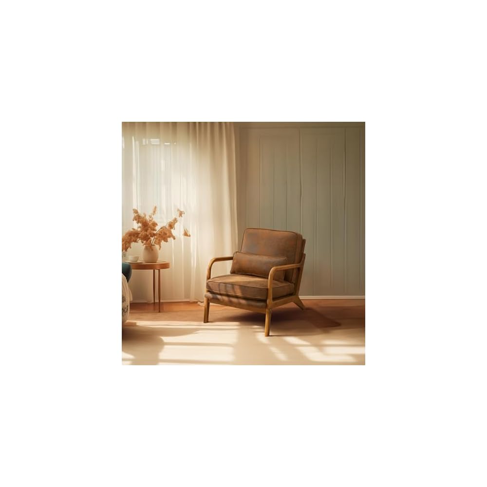 Bonnlo Dark Green Linen Mid Century Modern Accent Chair, Soild Wood Padding Lounge Armchairs Side Sitting Chairs for Living Room, Bedroom, Guest Room