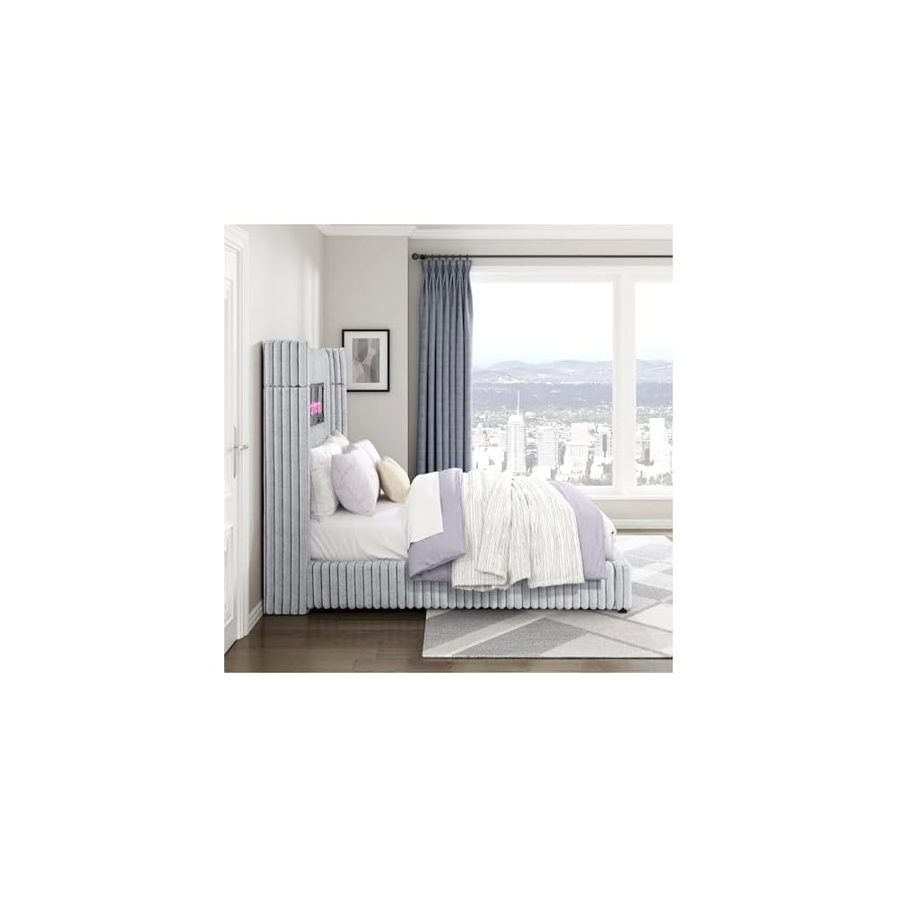 Lexicon Corduroy Upholstered Bed Frame, Remote Fireplace, Built-in Speaker, Wingback Queen Bed Frame with Headboard, Wooden Slats, Box Spring Needed, Assembly Required, Two-Tone Gray
