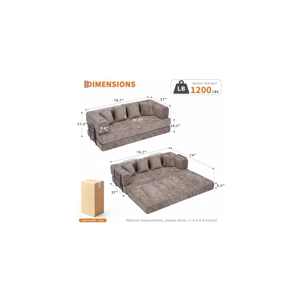 Convertible Floor Sofa Couch, 79" Corduroy Low Profile Seating with 4 Pillows & 2 Cup Holders, Deep Seat Boneless Futon Mattress, No Assembly Needed, Modern Lounge for Living Room Apartment, Brown