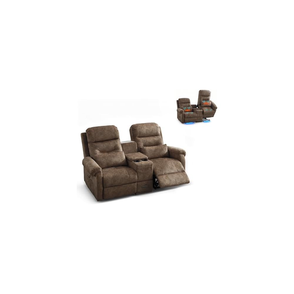 Power Lift Recliner Loveseat Sofa for Elderly, Dual Motor Electric Recliner with Massage & Heat, 2-Seater Velvet Couch with Independent Control, Console, Cup Holder & Power Outlet (Brown, 69”)
