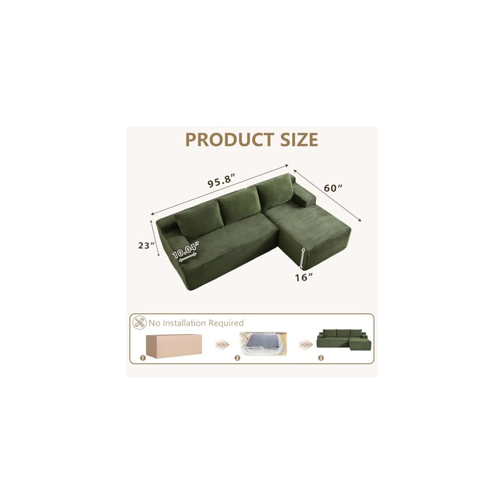 96" Modular Cloud Sectional Couch, Modern Corduroy L Shaped Modular Sofa, Upholstered Boneless Sectional Couches with Deep Seat for Living Room, No Assembly Required (Green, Right Facing Chaise)