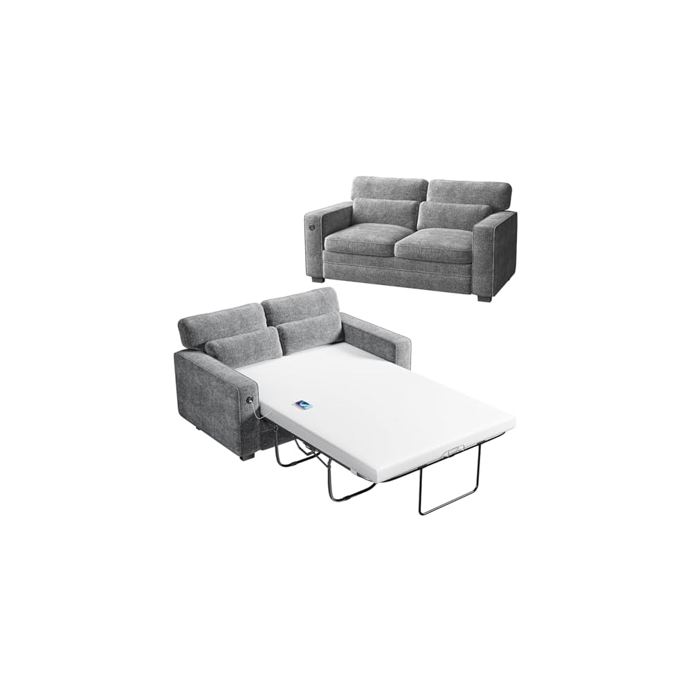 Marsail Pull Out Sofa Bed, Full Size Sleeper Sofa with Memory Foam Mattress, 2 USB Charging and Removable Covers, Loveseat for Living Room, Apartment, Supports 600 LBS, Chenille Fabric, Grey