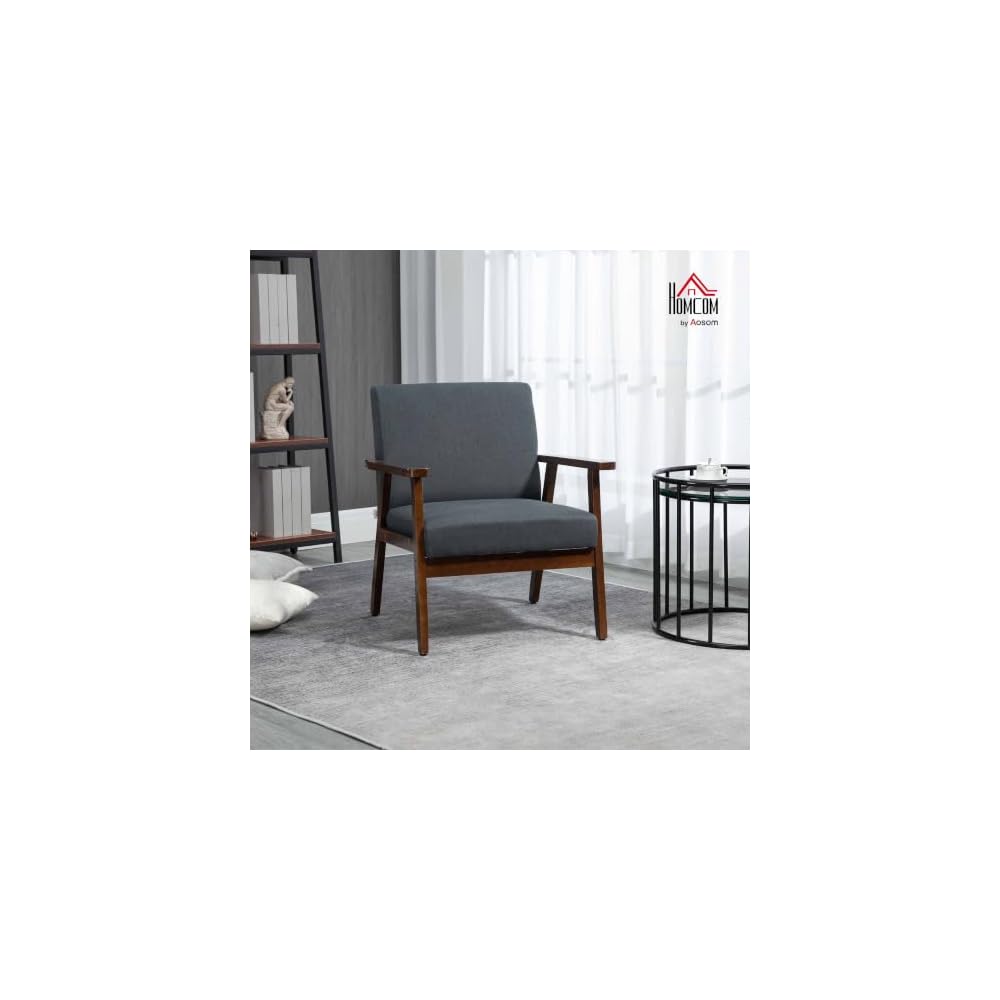 HOMCOM Modern Accent Chairs with Cushioned Seat, Upholstered Linen-Feel Armchair for Bedroom, Living Room Chair with Arms and Wood Legs, Dark Gray