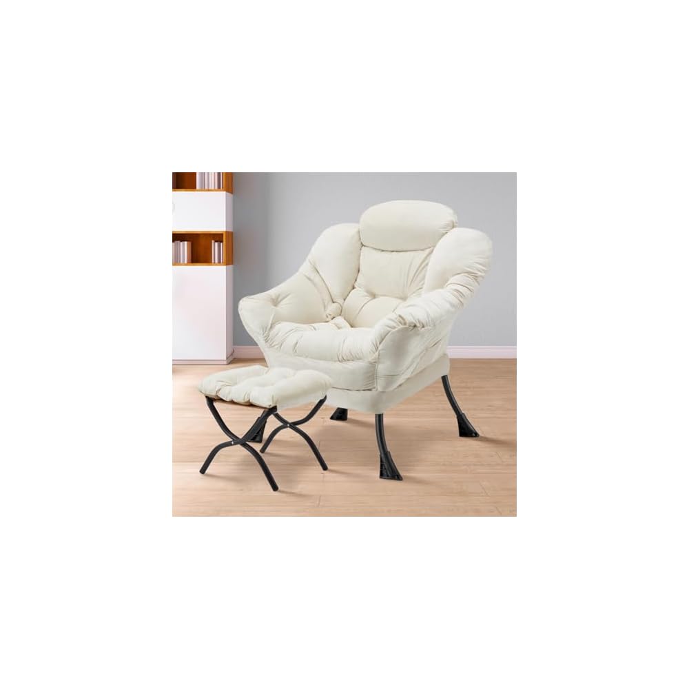 Lazy Chair with Folding Ottoman Modern Large Accent Chair,Contemporary Lounge Leisure Sofa Chair with Armrests Upholstered Sofa Armchair Reading Chair for Bedroom,Dorm & Office (Beige-f)