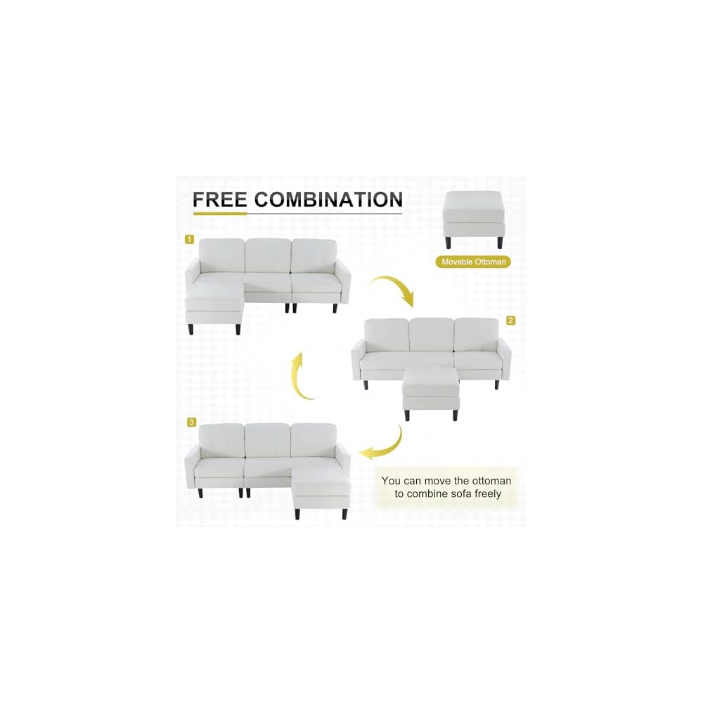 VECELO Convertible Sectional Sofa, Modern Linen Fabric L-Shaped Couch with Reversible Chaise for Living Room/Apartment/Office, White