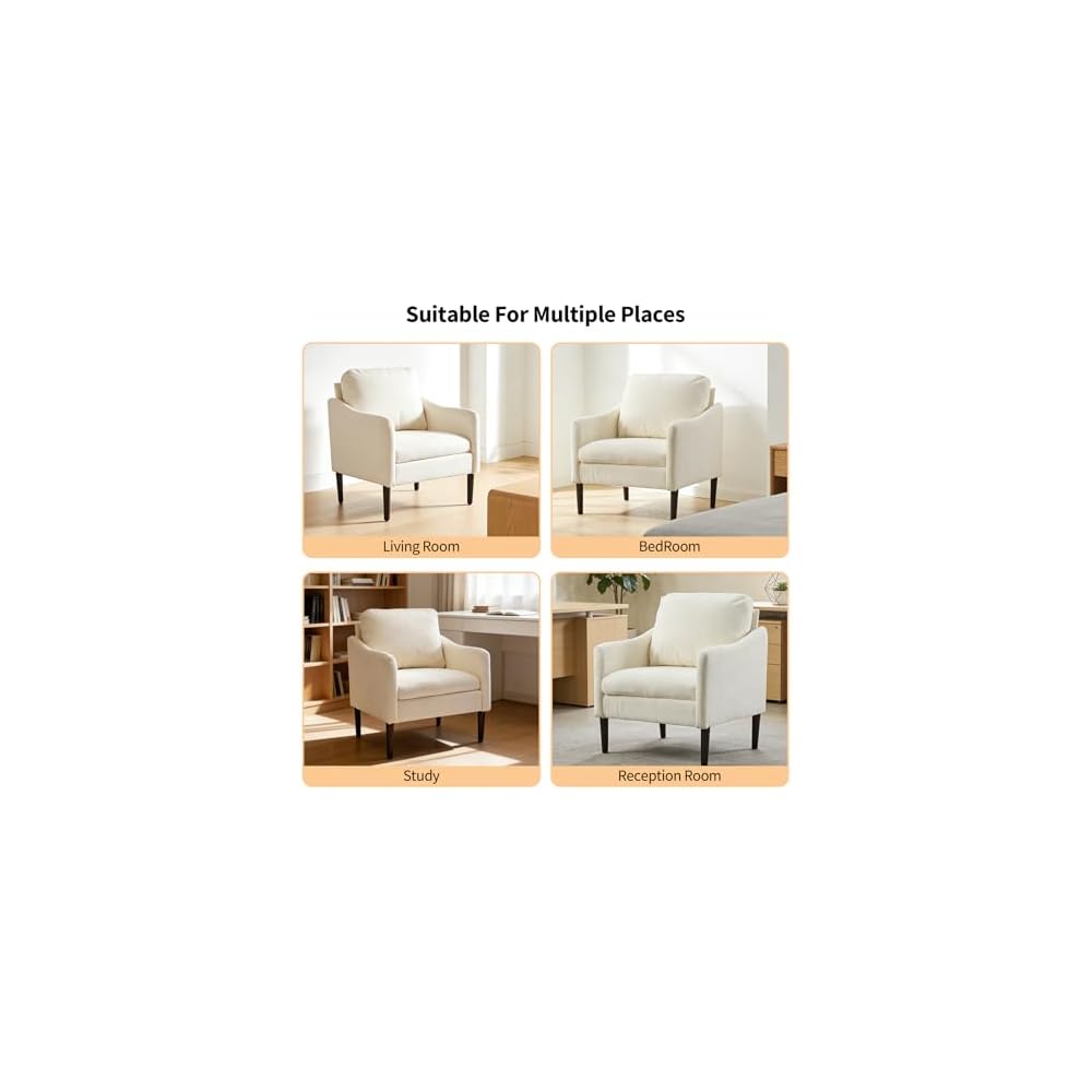Mid-Century Modern Side Chair, Chenille Fabric Curved Armchair for Adults, Comfy Reading Chair, Modern Cloud Single Sofa Accent Chair for Bedroom, Living Room, Office & Waiting Room, Beige