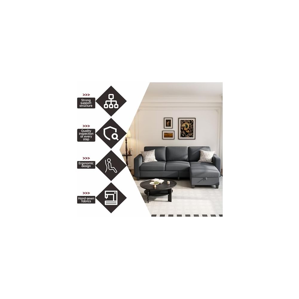 Youmumeub 78" Sectional Sofa Couches for Living Room, 3 Seat L Shaped Convertible Couch with Storage Ottoman, Comfortable Pet-Friendly Linen Sofa Set for Small Space, Apartment, Office, Dark Grey