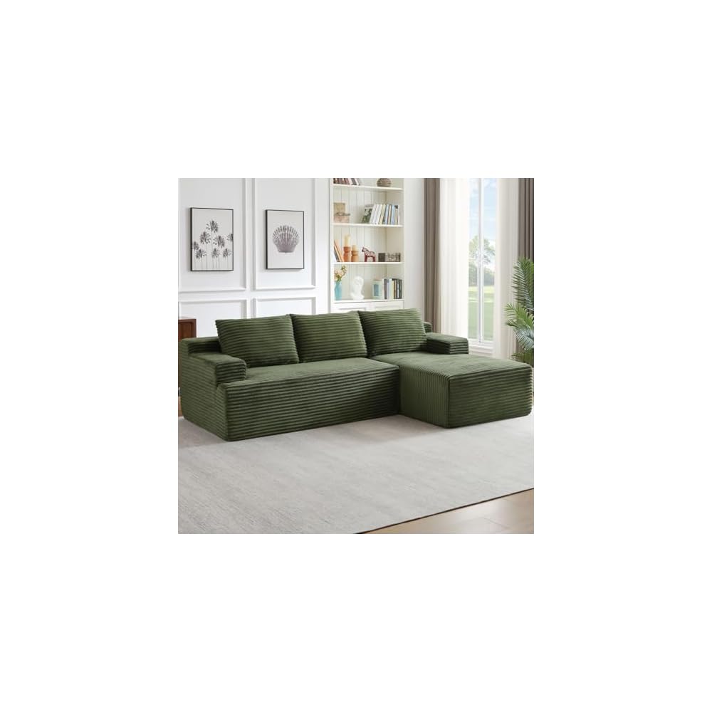 96" Modular Cloud Sectional Couch, Modern Corduroy L Shaped Modular Sofa, Upholstered Boneless Sectional Couches with Deep Seat for Living Room, No Assembly Required (Green, Right Facing Chaise)