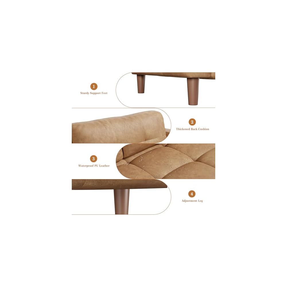 IDEALHOUSE Mid-Century Modern 3-Seater Faux Leather Sofa Couch – Removable Back Cushions – Wide Armrests – Sturdy and Comfortable, Easy to Clean, Ideal for Living Room, Apartment, Office – PU Orange