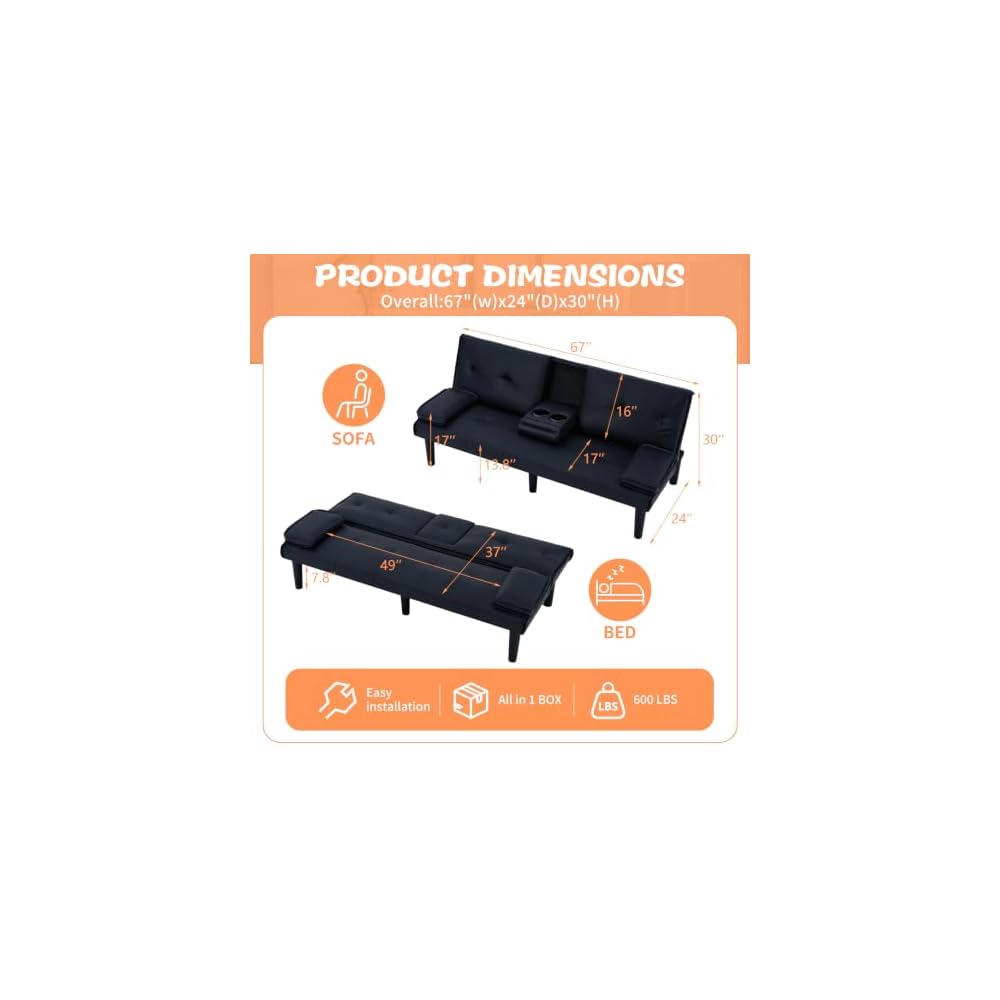 67-inch Black PVC Multi-Functional Sofa Bed with Foldable Design and Cup Holder - Solid Wood Frame, Sponge Filled, Ideal for Living Rooms, Dorms, and Small Offices (Black)