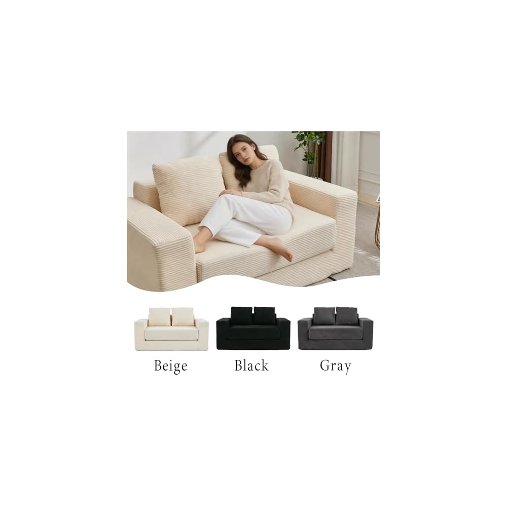 Boneless Couch Loveseat,3-in-1 Convertible Sleeper Sofa Bed Folding Floor Futon Bed with 2 Pillows, Mini Boneless Couch for Small Space Living Room Bedroom (Beige)