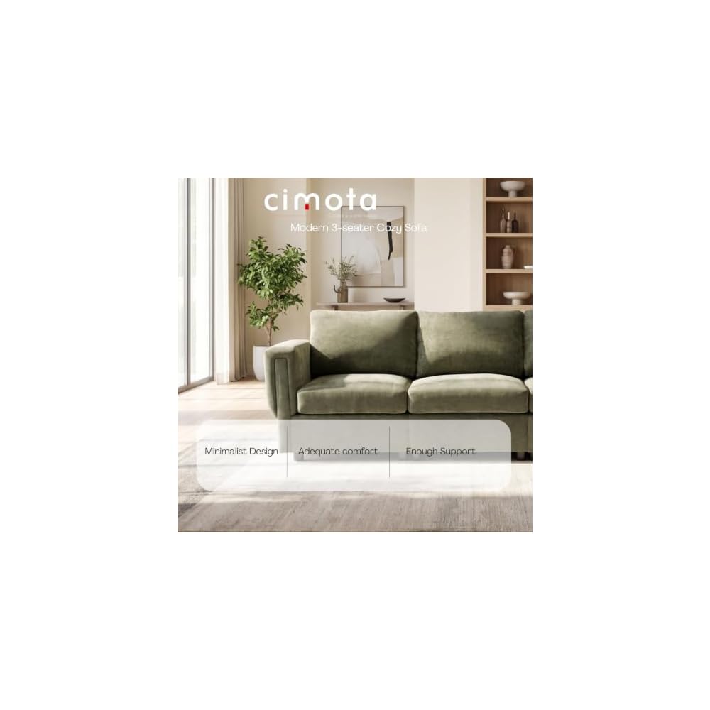 CIMOTA Modern 3 Seater Sofa 87.5" Modular Couch, Upholstered Chenille Fabric Couch Sofa with Armrest for Living Room Apartment, Green