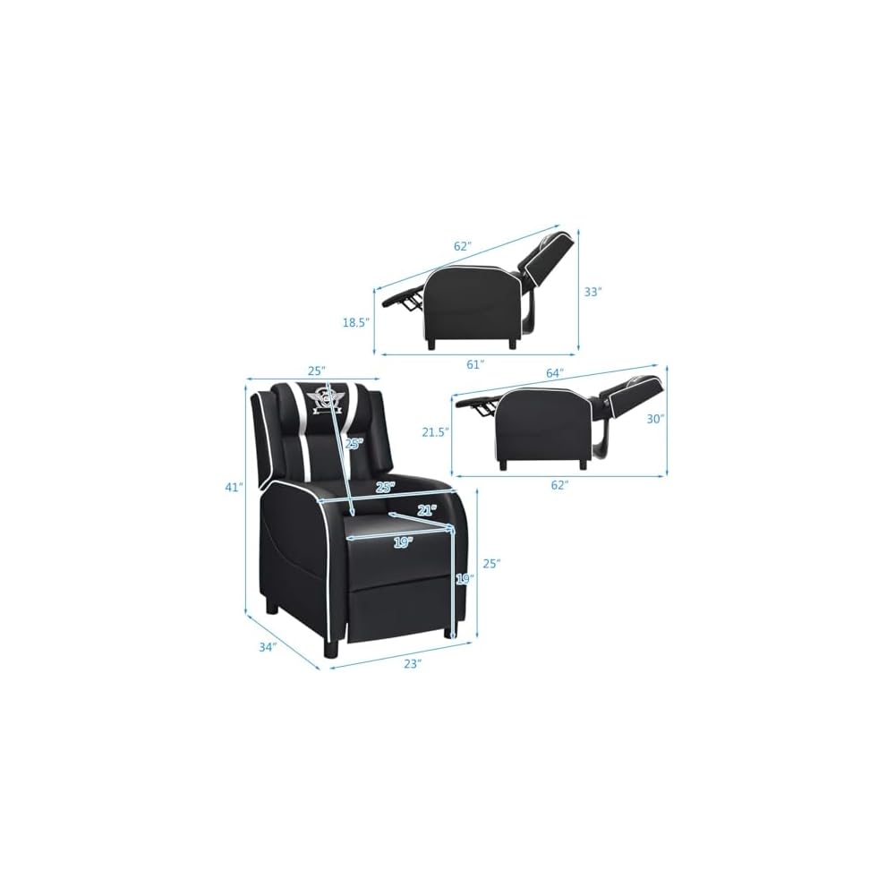HOMGX Gaming Recliner Chair, Ergonomic PC Computer Chair w/Massage Function & Cushion, Modern Racing Style Single Lounge Sofa with Footrest, Adjustable Recliner Sofa for Adults (White)