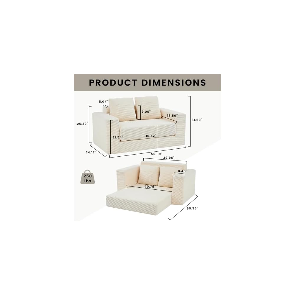 Boneless Couch Loveseat,3-in-1 Convertible Sleeper Sofa Bed Folding Floor Futon Bed with 2 Pillows, Mini Boneless Couch for Small Space Living Room Bedroom (Beige)