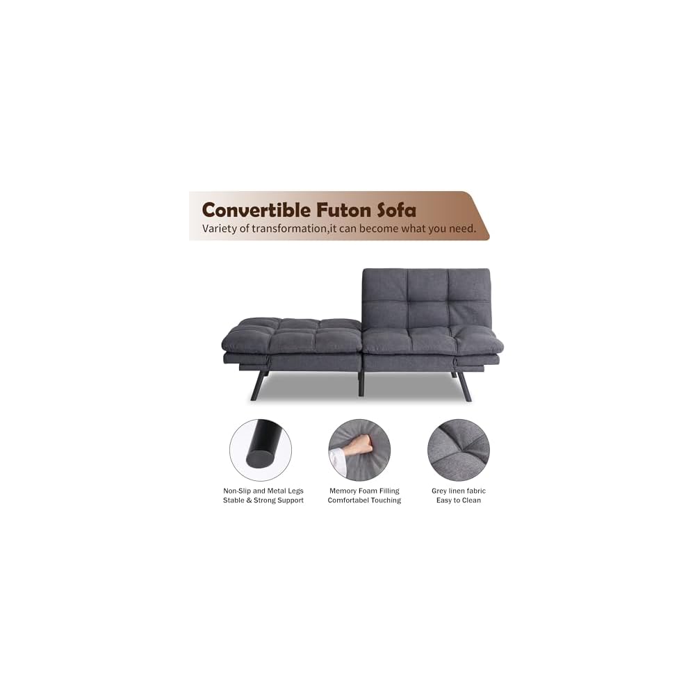 Futon Sofa Bed, Grey Linen Memory Foam Futon Sleeper Sofa Loveseat Convertible Couch Bed for Small Compact Living Spaces,Apartment