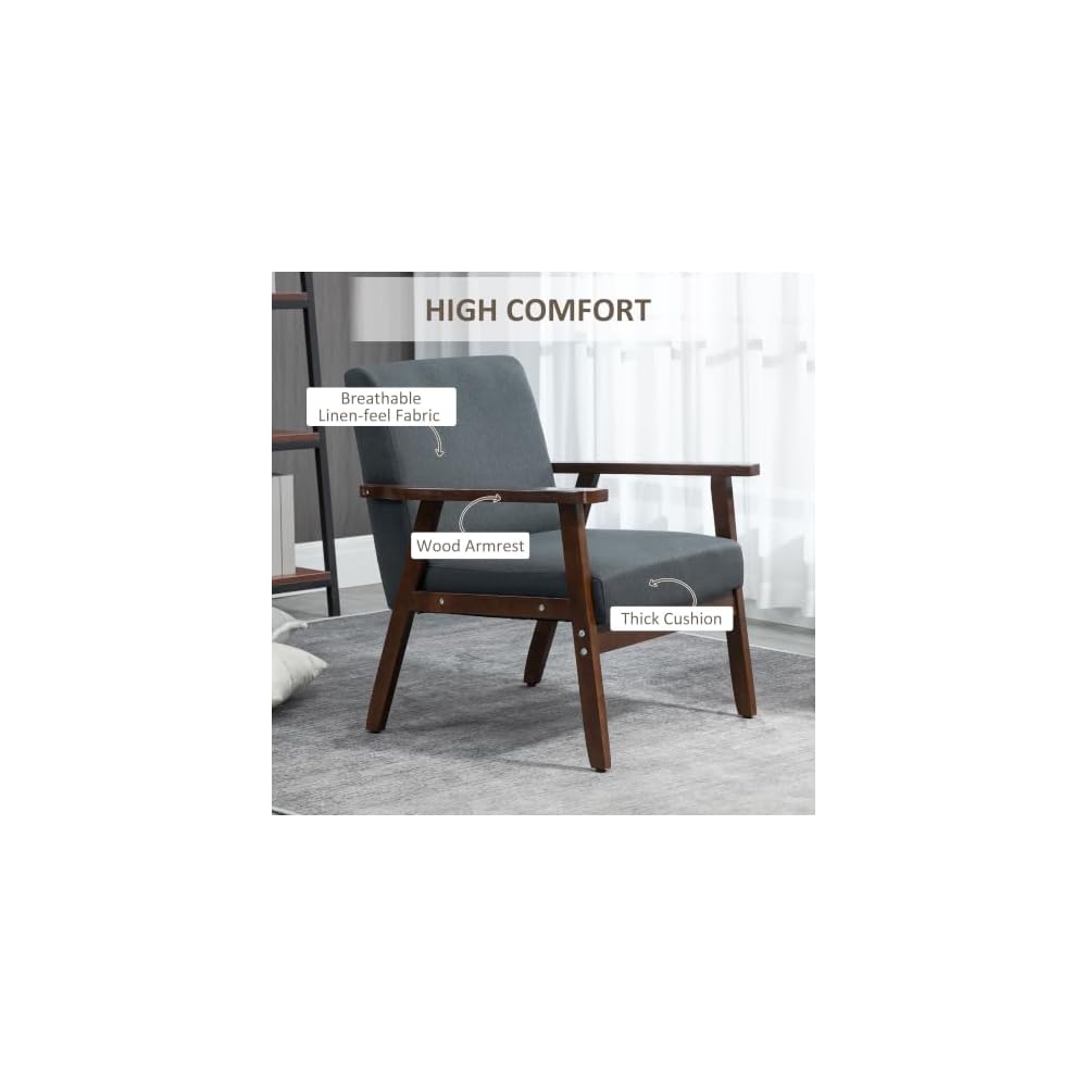 HOMCOM Modern Accent Chairs with Cushioned Seat, Upholstered Linen-Feel Armchair for Bedroom, Living Room Chair with Arms and Wood Legs, Dark Gray