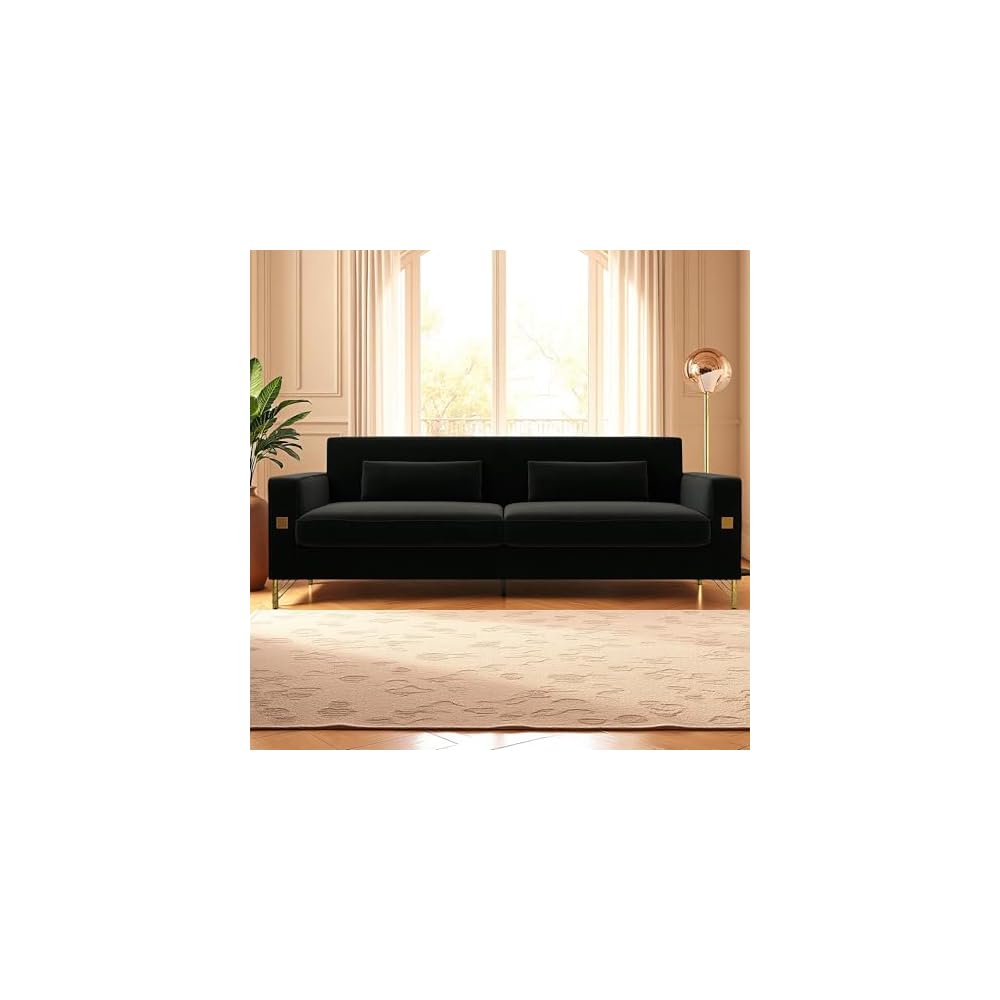 KEIKI 86" Oversized Luxury Velvet Sofa with Armrest and Removable Plush Cushions, Minimalist Gold Accents 3-Seater Couch with Solid Legs, Easy Assembly, for Living Room, Bedroom, Apartment, Black