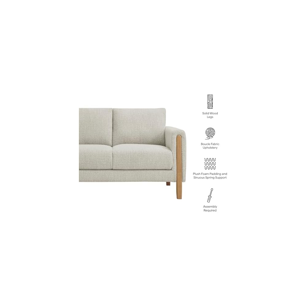 Modway Hawken 54 Inch Boucle Loveseat in Parchment Beech with Wood Legs – Mid-Century Modern Small Space 2-Seater Sofa for Living Room, Bedroom, or Office Lounge