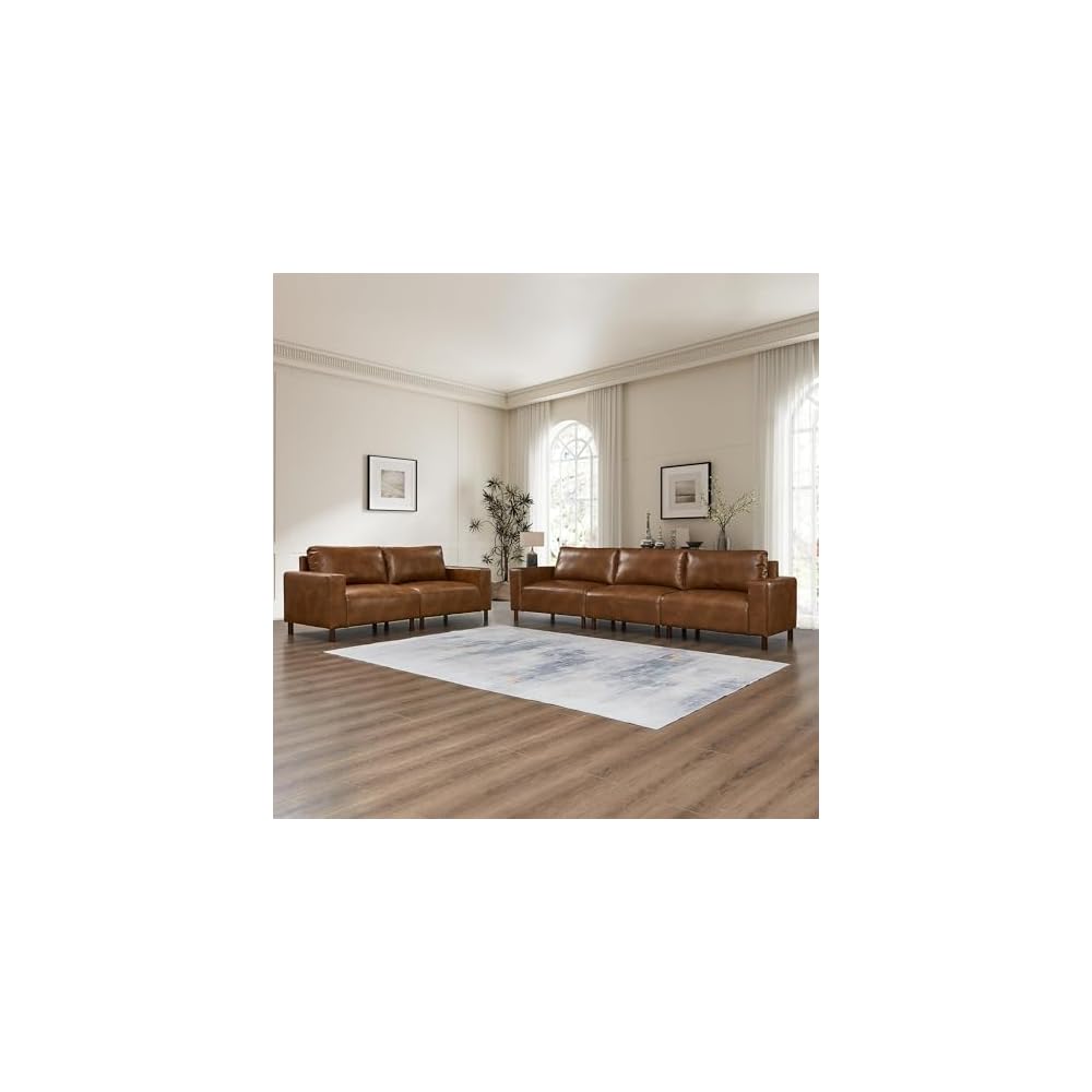 Faux Leather Sectional Couch Set with Solid Wood Legs, Mid-Century Modern Modular 3-seat Sofa & Loveseat, Comfort Upholstered PU Couch Set for Living Room Office, Easy to Assemble, Brown