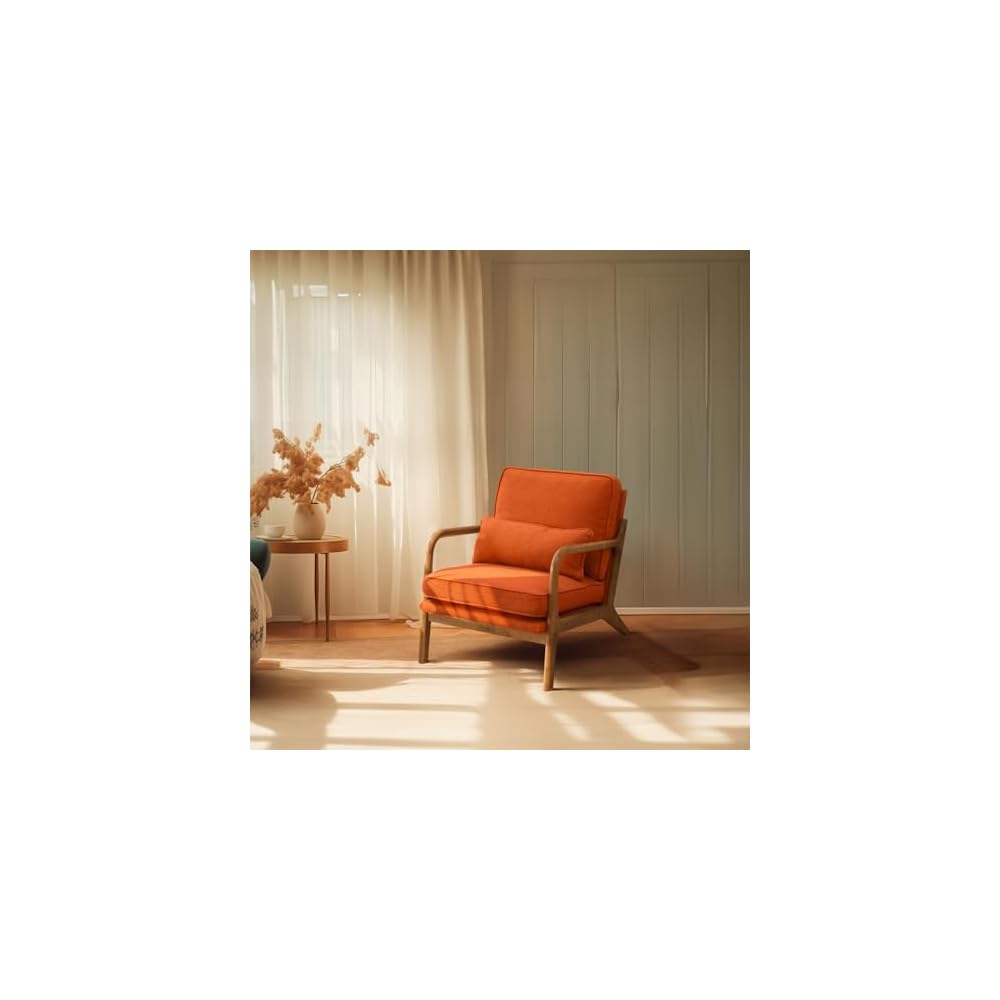 Bonnlo Dark Green Linen Mid Century Modern Accent Chair, Soild Wood Padding Lounge Armchairs Side Sitting Chairs for Living Room, Bedroom, Guest Room
