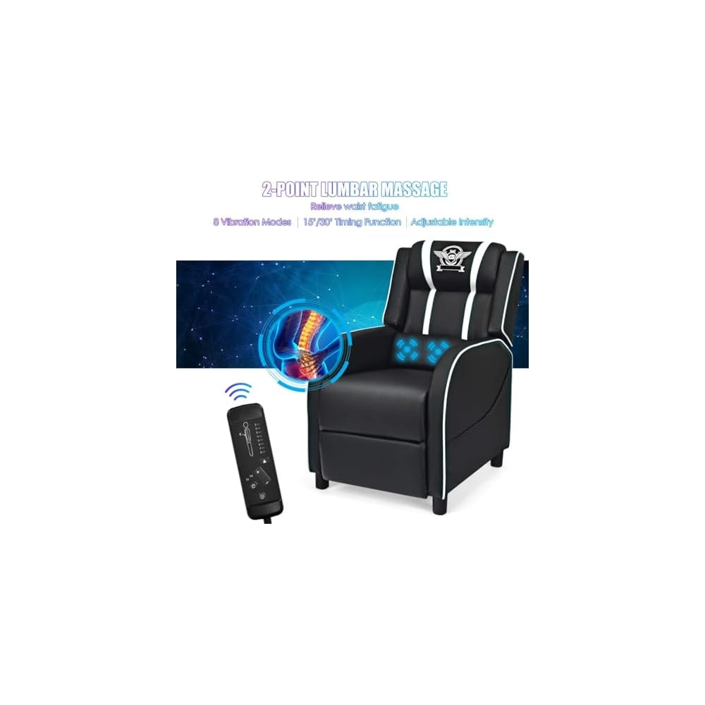 HOMGX Gaming Recliner Chair, Ergonomic PC Computer Chair w/Massage Function & Cushion, Modern Racing Style Single Lounge Sofa with Footrest, Adjustable Recliner Sofa for Adults (White)